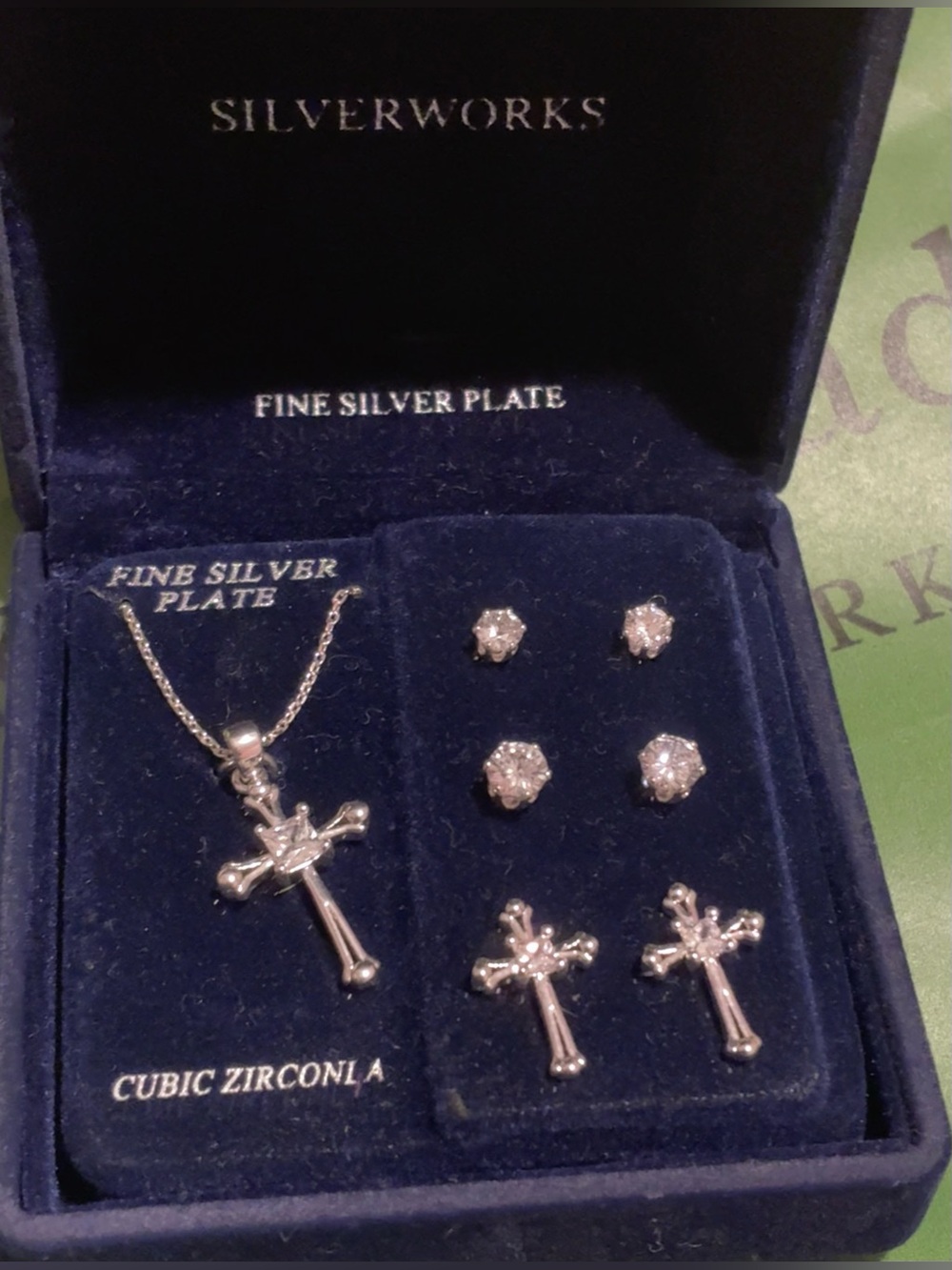 Silver Cross Necklace and Stud Earring Set - Silver